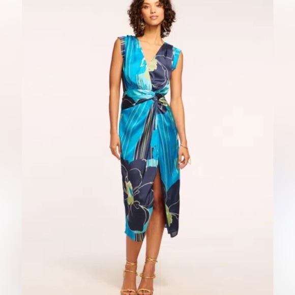 NWOT Ramy Brook Morgan V-Neck Midi Dress in Navy Amore - Size 10